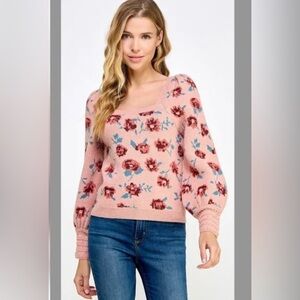 Piper & Scoot Punk Rose Floral Sweater Puff Sleeve Size L Romantic Croquette
